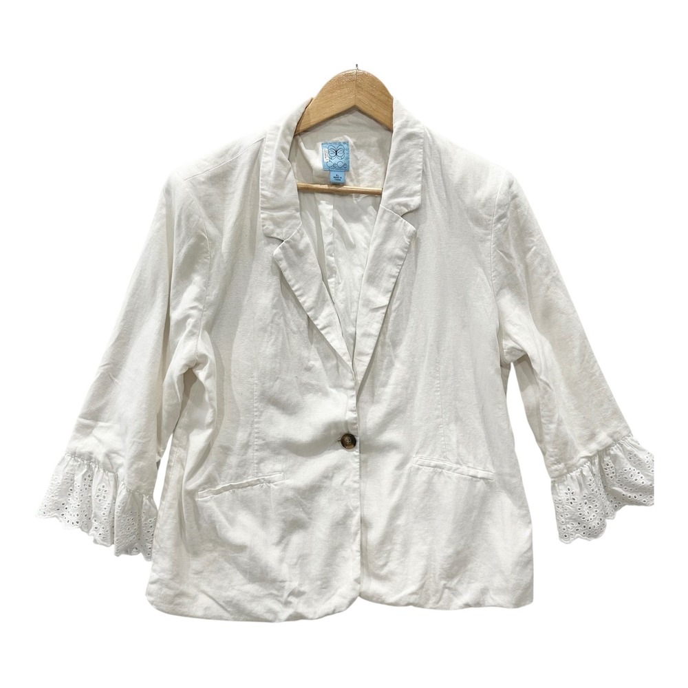 CeCe Women XL White Linen Blend Eyelet Ruffle Cuff Blazer Jacket 3/4 Sleeve